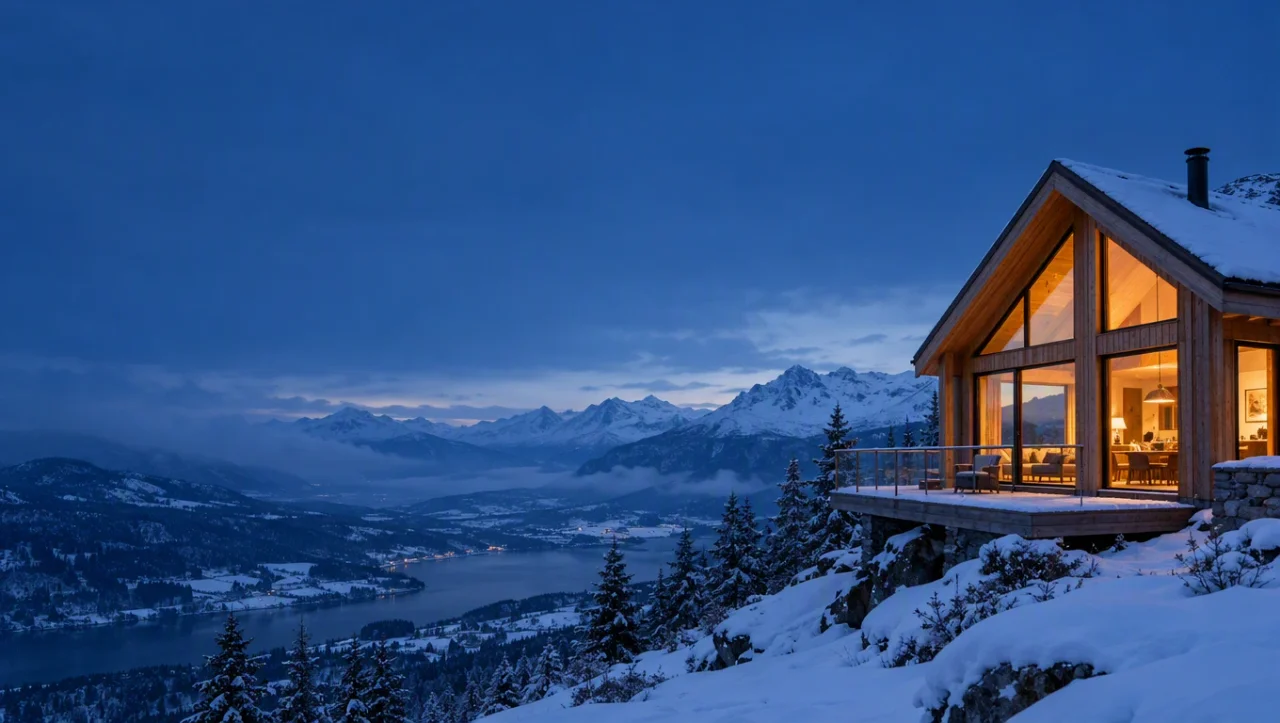 Wide alpine cabin scene with open space on the left