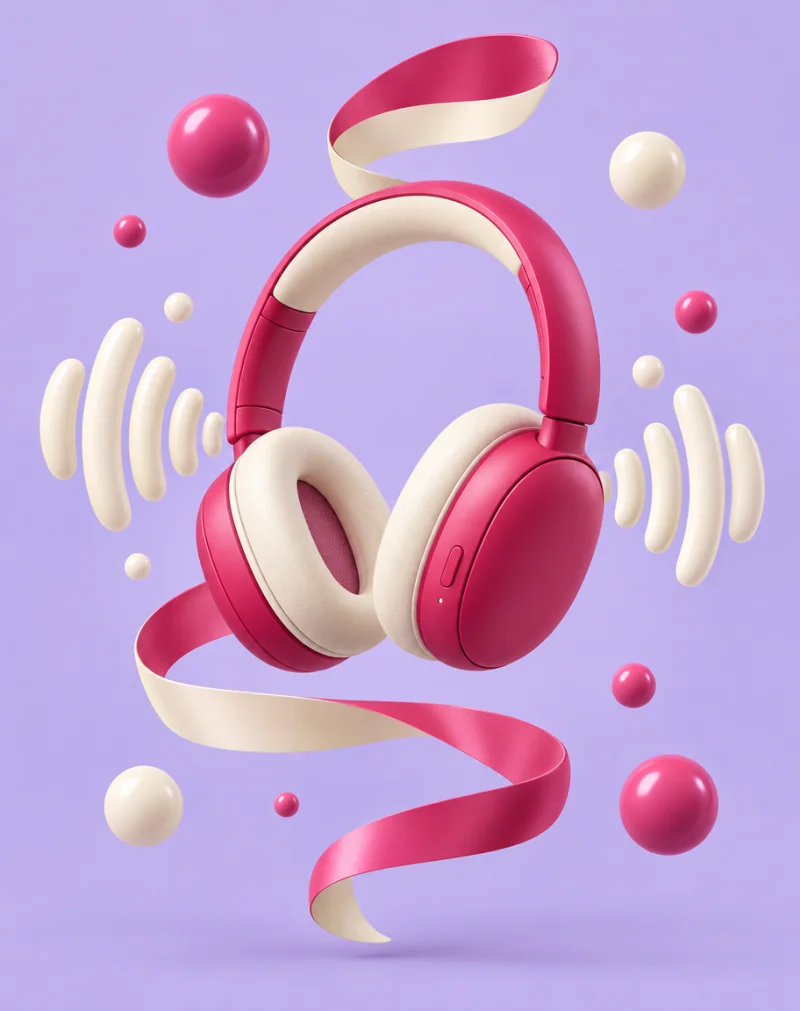 Original 3D artwork of raspberry headphones on a lavender background