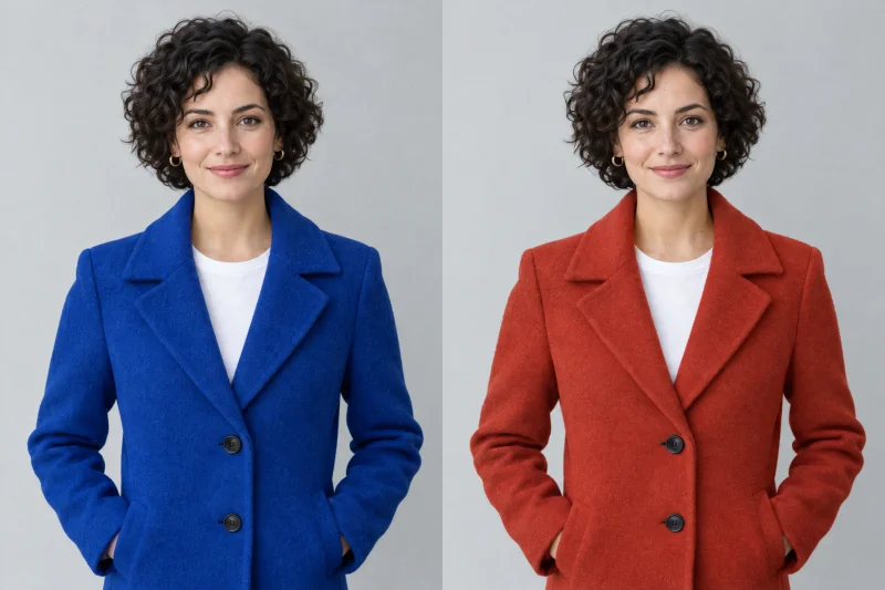 Matching portraits with a blue coat on the left and a terracotta coat on the right, retaining the same face, pose and background