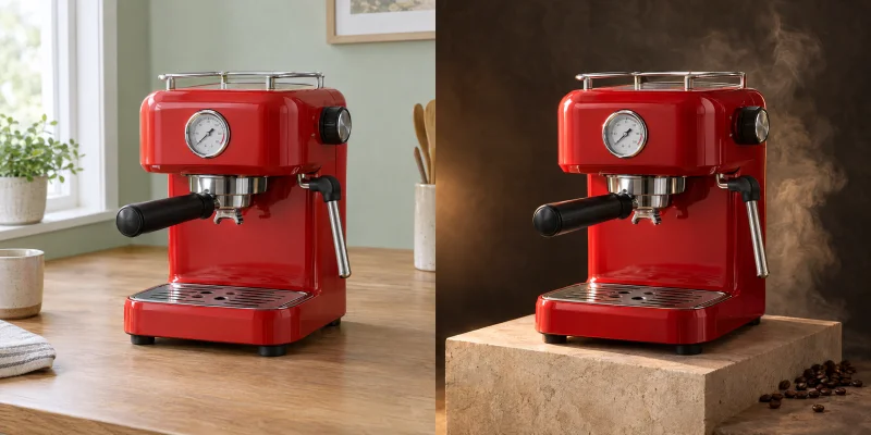 The same red espresso machine in a daylight kitchen on the left and a dramatic studio setting on the right