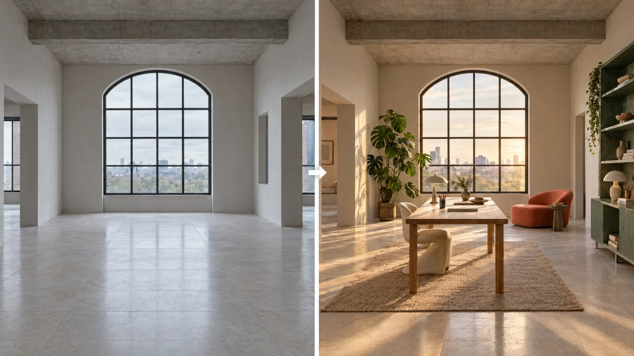 The same loft shown empty and furnished as a warm creative studio