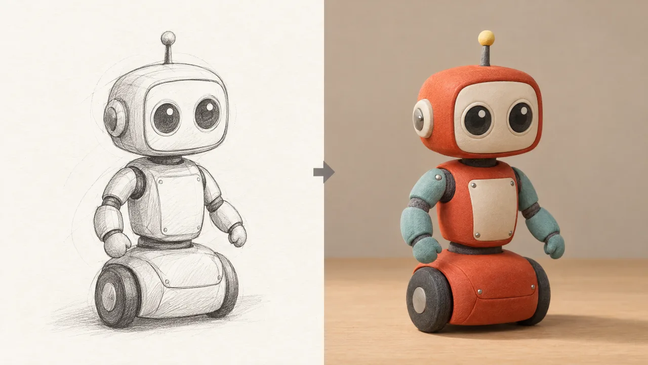 A friendly robot shown as a graphite sketch and as a colorful clay-style character