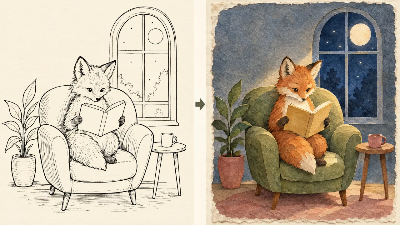 A reading fox scene shown as ink line art and as a warm watercolor illustration