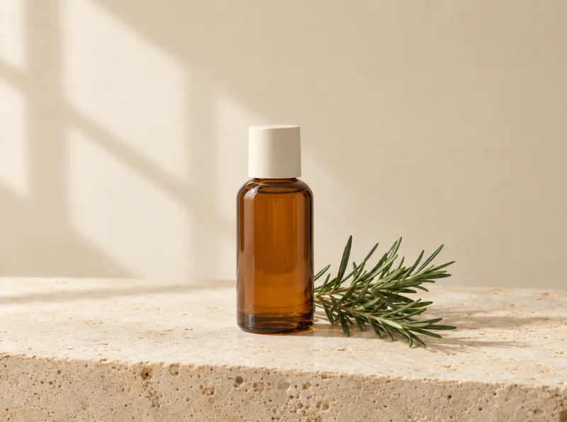 Amber skincare bottle and rosemary as a potential source for a background change