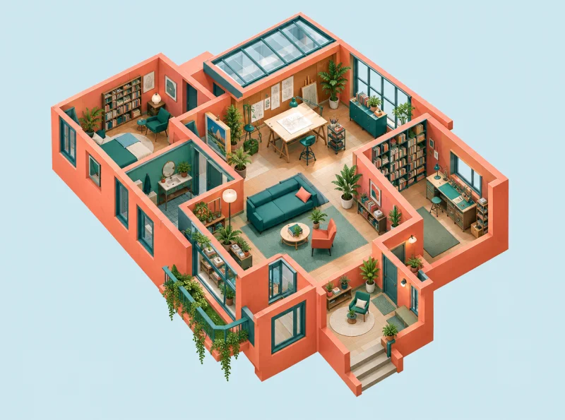 Axonometric room concept, not a model quality or speed comparison